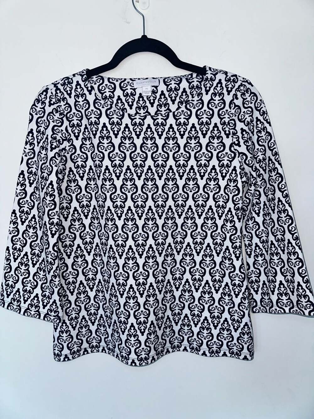 Charter Club Petite Black and White Damask Print 3/4 Sleeve Jacquard Top